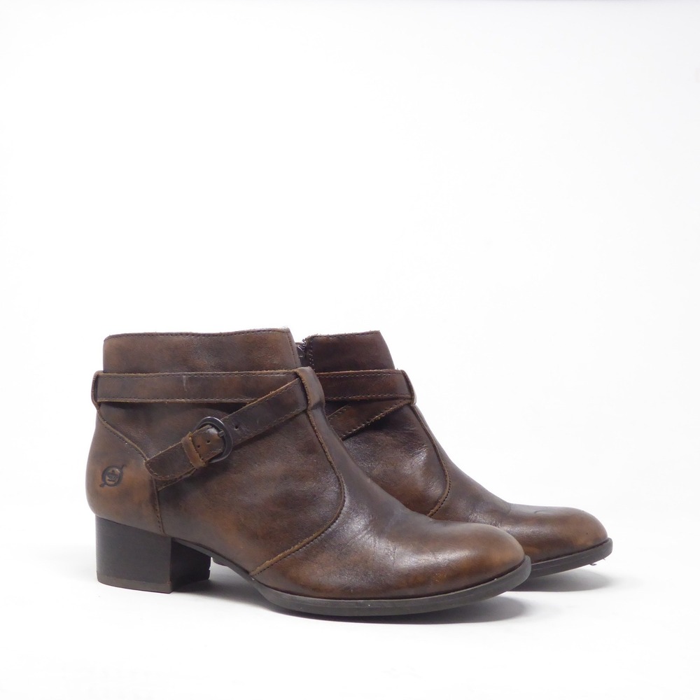 Born Kyndra Women Ankle Boots Brown Leather Buckle Strap Block Heel 6.5